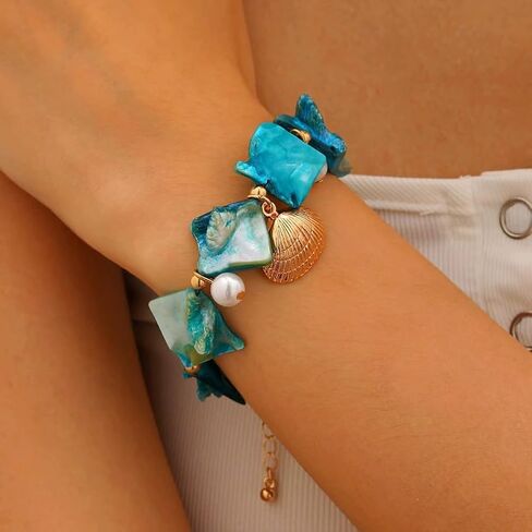 2Pcs Chunky Gold Blue Shell Bead Pearl Bracelets for Women Boho, Trendy Beachy Red Irregular Seashell Bracelet Charming Hawaii Beach Party Jewelry in Saudi Arabia