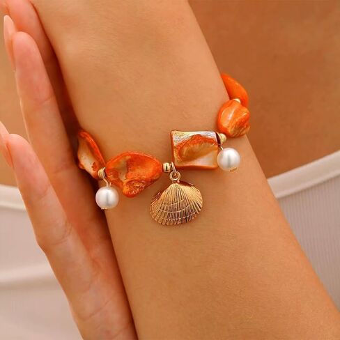 2Pcs Chunky Gold Blue Shell Bead Pearl Bracelets for Women Boho, Trendy Beachy Red Irregular Seashell Bracelet Charming Hawaii Beach Party Jewelry in Saudi Arabia