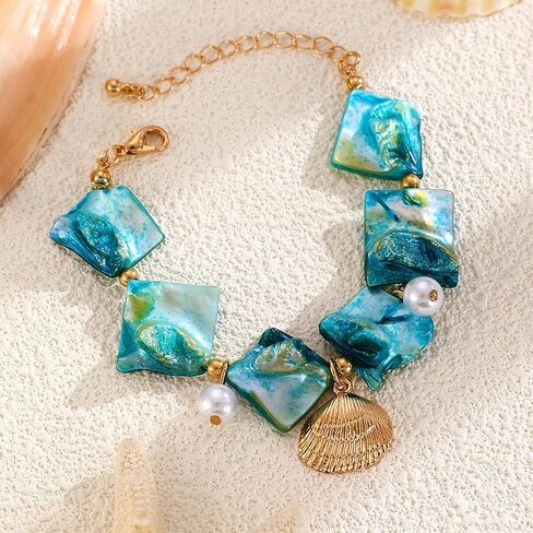 2Pcs Chunky Gold Blue Shell Bead Pearl Bracelets for Women Boho, Trendy Beachy Red Irregular Seashell Bracelet Charming Hawaii Beach Party Jewelry in Saudi Arabia