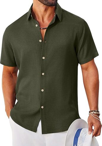 COOFANDY Mens Button Down Shirt Short Sleeve Casual Shirts Linen Textured Summer Beach Shirts in Kuwait