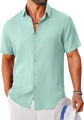 COOFANDY Mens Button Down Shirt Short Sleeve Casual Shirts Linen Textured Summer Beach Shirts in Kuwait