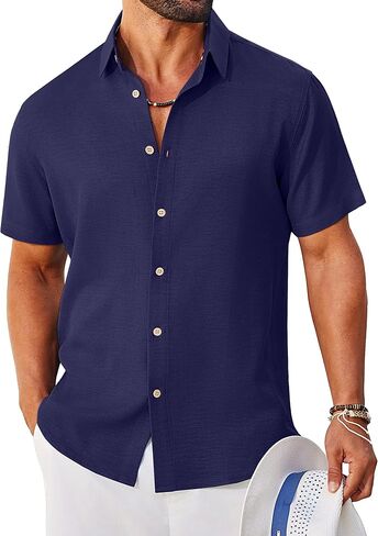 COOFANDY Mens Button Down Shirt Short Sleeve Casual Shirts Linen Textured Summer Beach Shirts in Kuwait