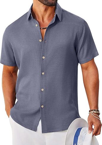 COOFANDY Mens Button Down Shirt Short Sleeve Casual Shirts Linen Textured Summer Beach Shirts in Kuwait
