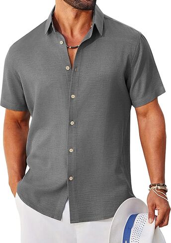 COOFANDY Mens Button Down Shirt Short Sleeve Casual Shirts Linen Textured Summer Beach Shirts in Kuwait