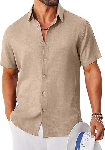 COOFANDY Mens Button Down Shirt Short Sleeve Casual Shirts Linen Textured Summer Beach Shirts in Kuwait