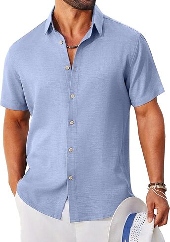 COOFANDY Mens Button Down Shirt Short Sleeve Casual Shirts Linen Textured Summer Beach Shirts in Kuwait