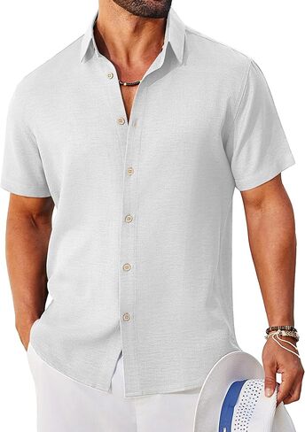 COOFANDY Mens Button Down Shirt Short Sleeve Casual Shirts Linen Textured Summer Beach Shirts in Kuwait