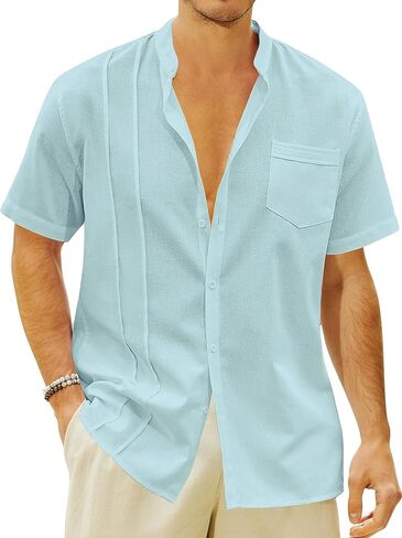 Mens Casual Button Shirts Cotton Linen Summer Beach Short Sleeve Tops for Lounge Vacation in Kuwait