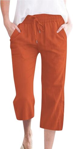 Capris Pants for Women Casual Summer Straight Loose Elastic Waist Linen Pant Drawstring Wide Leg Cropped Trouser in Kuwait