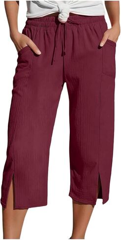 Womens Capri Pants Casual High Waisted Wide Leg Lounge Pants Drawstring Side Slit Trousers with Pockets in Kuwait