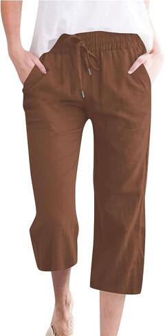 Capris Pants for Women Casual Summer Straight Loose Elastic Waist Linen Pant Drawstring Wide Leg Cropped Trouser in Kuwait