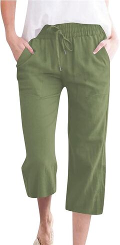 Capris Pants for Women Casual Summer Straight Loose Elastic Waist Linen Pant Drawstring Wide Leg Cropped Trouser in Kuwait