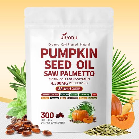 VivoNu Pumpkin Seed Oil with Saw Palmetto Capsules | 4500mg | 300 Count| 33 in 1 Vitamin C D3 B12 E A, Castor, Zinc, Biotin, Iron, Peppermint | Hair Growth & DHT Blocker for Women Men in Saudi Arabia