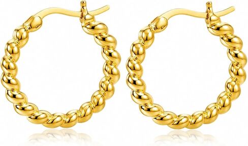 14K Yellow Gold Cable-Knit Huggie Hoop Earrings for Women, 14K Gold Twisted Beaded Hoop Earrings for Women, Chunky Rope Textured Hoops in 15/19/23mm in Saudi Arabia