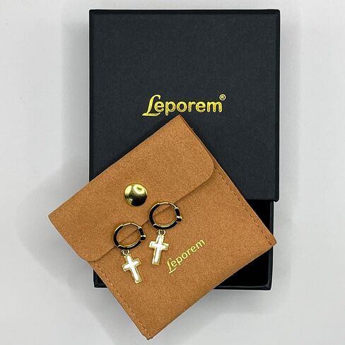 Leporem Mother of Pearl Cross Drop Hoop Earrings, 18K Gold Plated 316L Surgical Steel Hypoallergenic Christian Faith Huggies for Women, Dainty Gift (Cross) in Saudi Arabia