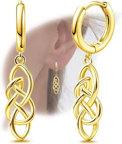 Celtic Knot Earrings for Women - Sterling Silver Gold Hoop Earrings for Women Trendy Hypoallergenic Long Loop Earrings with Dangling Charm for Sensitive Ears Classic Fashion Earring Gift for Christmas in Saudi Arabia