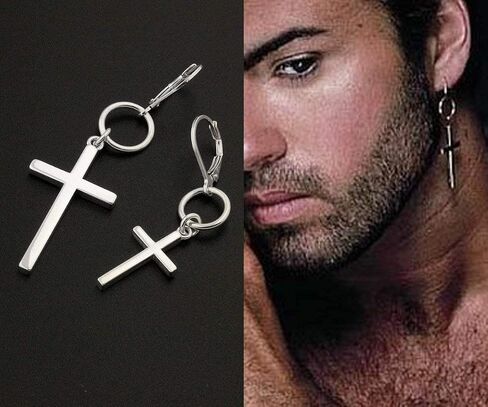 ONE PIECE George Michael Earring Cross Earring sterling silver George Michael Hang Hoop earring, One piece Unisex memorial jewelry in Kuwait