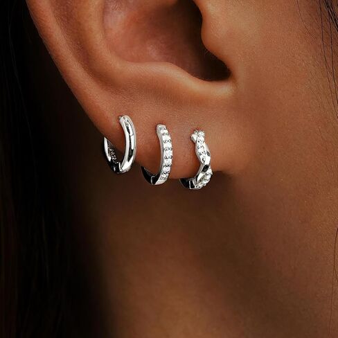 3 Earrings 925 Sterling Silver Hoop Earrings, Small Sterling Silver Hoop Earrings Set, Hypoallergenic Silver Small Hoop Earrings For Women Stack Sets For Multiple Piercing Trendy Jewelry Aretes Plata in Kuwait