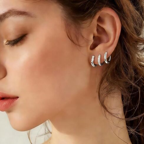 3 Earrings 925 Sterling Silver Hoop Earrings, Small Sterling Silver Hoop Earrings Set, Hypoallergenic Silver Small Hoop Earrings For Women Stack Sets For Multiple Piercing Trendy Jewelry Aretes Plata in Kuwait