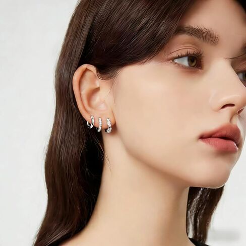 3 Earrings 925 Sterling Silver Hoop Earrings, Small Sterling Silver Hoop Earrings Set, Hypoallergenic Silver Small Hoop Earrings For Women Stack Sets For Multiple Piercing Trendy Jewelry Aretes Plata in Kuwait