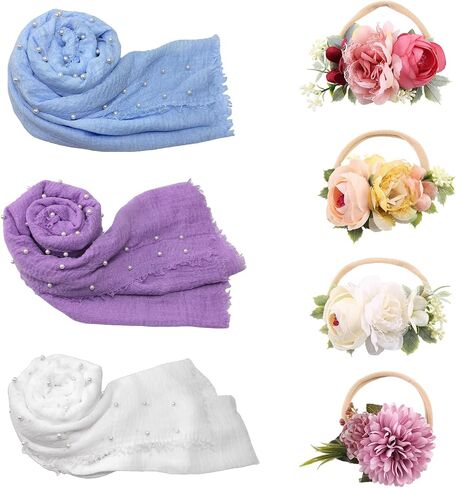 7 Pcs Newborn Photography Props Wrap Kits 3 Pcs Baby Wraps 4 Pcs Flower Headband Baby Photoshoot Props Photo Supplies for Boy Girl Infant Toddler in Kuwait