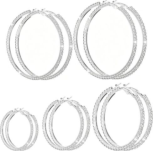 5 Pairs Rhinestone Hoop Earrings for Women, Silver Tone Crystal Round Hoops 3‑7cm Multi Sizes, Lightweight Statement Jewelry for Wedding Party Prom Daily Outfit in Saudi Arabia
