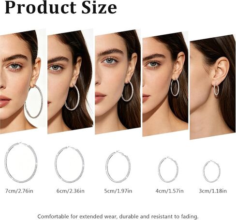 5 Pairs Rhinestone Hoop Earrings for Women, Silver Tone Crystal Round Hoops 3‑7cm Multi Sizes, Lightweight Statement Jewelry for Wedding Party Prom Daily Outfit in Saudi Arabia
