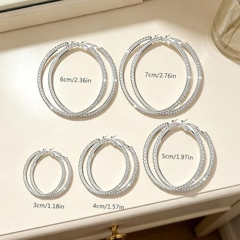 5 Pairs Rhinestone Hoop Earrings for Women, Silver Tone Crystal Round Hoops 3‑7cm Multi Sizes, Lightweight Statement Jewelry for Wedding Party Prom Daily Outfit in Saudi Arabia