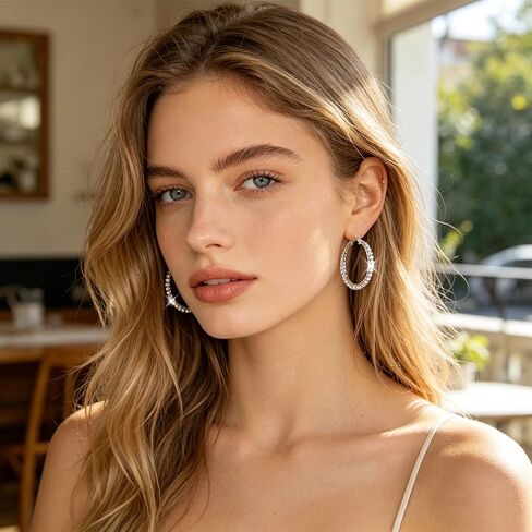 5 Pairs Rhinestone Hoop Earrings for Women, Silver Tone Crystal Round Hoops 3‑7cm Multi Sizes, Lightweight Statement Jewelry for Wedding Party Prom Daily Outfit in Saudi Arabia