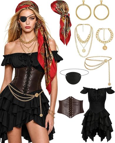 Womens Pirate Costume Renaissance Medieval Dress with Accessories in Saudi Arabia