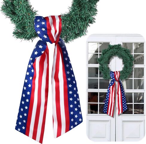 VitalCozy 4th of July إكليل وشاح للباب الأمامي إكليل من الساتان وشاح مطرز وطني أحمر أزرق أبيض نجمة مونوغرام إكليل الشريط إكسسوار الذكرى السنوية الـ 250 لحفلة الاستقلال في الأماكن المغلقة وفي الهواء الطلق in Saudi Arabia