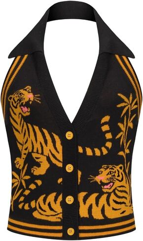 OXKnit Knit Vest Tops for Women, Retro Yellow Tiger Pattern Black Sleeveless Button Down Cotton Tank Summer Outfits in Saudi Arabia