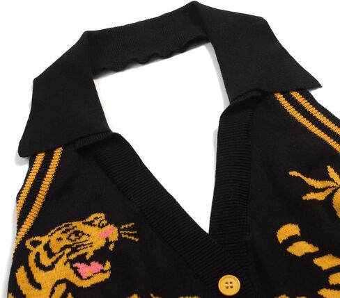 OXKnit Knit Vest Tops for Women, Retro Yellow Tiger Pattern Black Sleeveless Button Down Cotton Tank Summer Outfits in Saudi Arabia