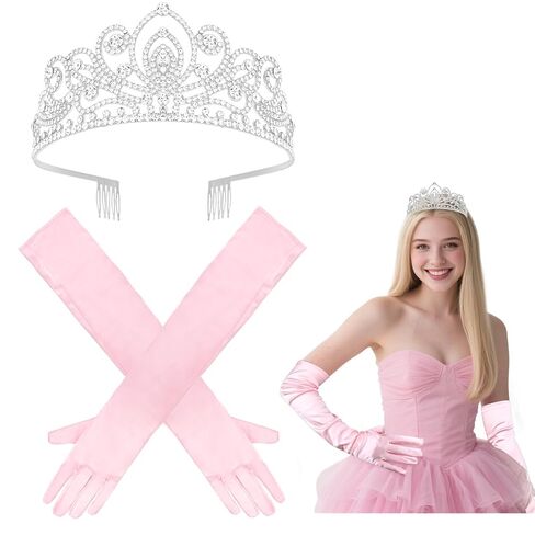 Semato Princess Crown with Pink Satin Gloves Halloween Cosplay Tiara Witch Costume Crown and Gloves for Adult Party Birthday Gifts in Saudi Arabia