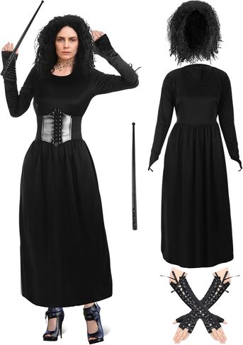 5 Pcs Dark Evil Wizard Cosplay Costume Set for Women Long Afro Curly Wig Fingerless Gloves Wand Black Dress with Corset in Saudi Arabia