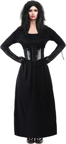 5 Pcs Dark Evil Wizard Cosplay Costume Set for Women Long Afro Curly Wig Fingerless Gloves Wand Black Dress with Corset in Saudi Arabia