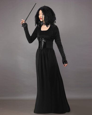 5 Pcs Dark Evil Wizard Cosplay Costume Set for Women Long Afro Curly Wig Fingerless Gloves Wand Black Dress with Corset in Saudi Arabia