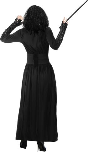5 Pcs Dark Evil Wizard Cosplay Costume Set for Women Long Afro Curly Wig Fingerless Gloves Wand Black Dress with Corset in Saudi Arabia