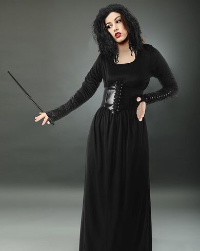 5 Pcs Dark Evil Wizard Cosplay Costume Set for Women Long Afro Curly Wig Fingerless Gloves Wand Black Dress with Corset in Saudi Arabia