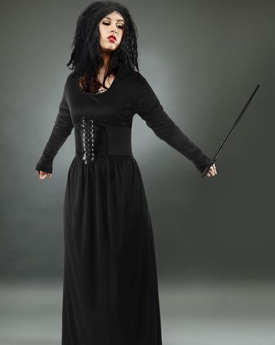 5 Pcs Dark Evil Wizard Cosplay Costume Set for Women Long Afro Curly Wig Fingerless Gloves Wand Black Dress with Corset in Saudi Arabia