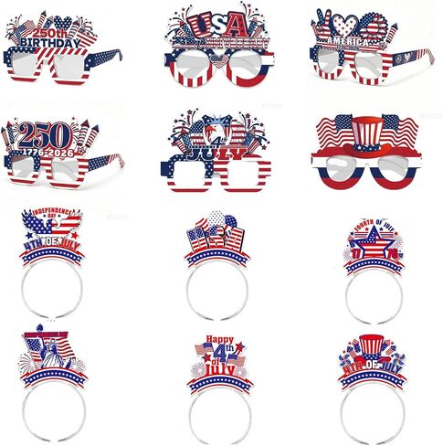 250th Anniversary Party Decorations,4th of July Party Supplies,12Pcs Headband and Glasses for Kids Adults 250th USA Independence Day Parade Patriotic Photo Booth Props in Kuwait
