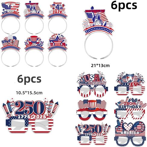 250th Anniversary Party Decorations,4th of July Party Supplies,12Pcs Headband and Glasses for Kids Adults 250th USA Independence Day Parade Patriotic Photo Booth Props in Kuwait