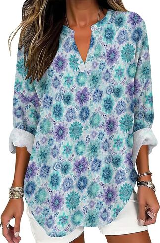Womens Dressy Casual Boho Shirts Loose V Neck Floral Print T-Shirts Plus Size Long Sleeve Irregular Hem Tunic Tops in Saudi Arabia