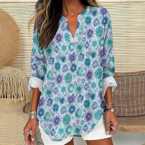 Womens Dressy Casual Boho Shirts Loose V Neck Floral Print T-Shirts Plus Size Long Sleeve Irregular Hem Tunic Tops in Saudi Arabia