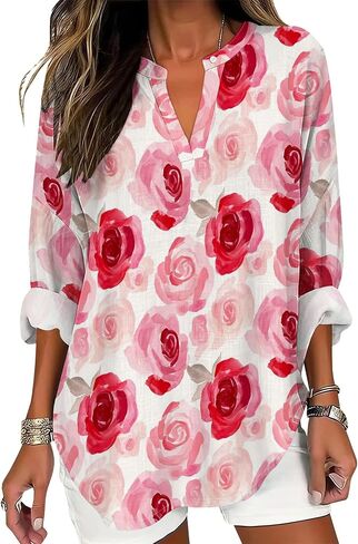Womens Dressy Casual Boho Shirts Loose V Neck Floral Print T-Shirts Plus Size Long Sleeve Irregular Hem Tunic Tops in Saudi Arabia