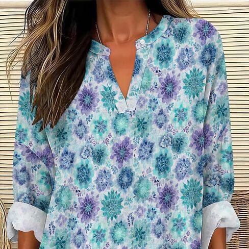 Womens Dressy Casual Boho Shirts Loose V Neck Floral Print T-Shirts Plus Size Long Sleeve Irregular Hem Tunic Tops in Saudi Arabia