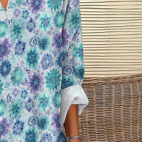 Womens Dressy Casual Boho Shirts Loose V Neck Floral Print T-Shirts Plus Size Long Sleeve Irregular Hem Tunic Tops in Saudi Arabia