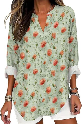 Womens Dressy Casual Boho Shirts Loose V Neck Floral Print T-Shirts Plus Size Long Sleeve Irregular Hem Tunic Tops in Saudi Arabia