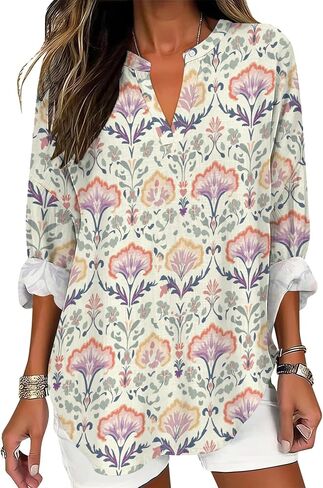 Womens Dressy Casual Boho Shirts Loose V Neck Floral Print T-Shirts Plus Size Long Sleeve Irregular Hem Tunic Tops in Saudi Arabia