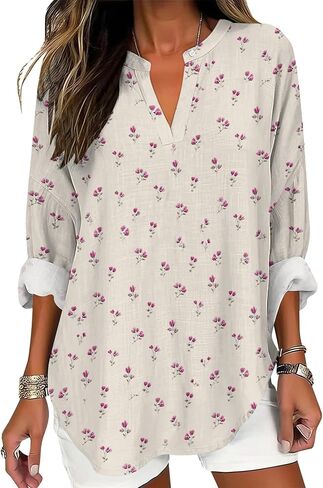 Womens Dressy Casual Boho Shirts Loose V Neck Floral Print T-Shirts Plus Size Long Sleeve Irregular Hem Tunic Tops in Saudi Arabia